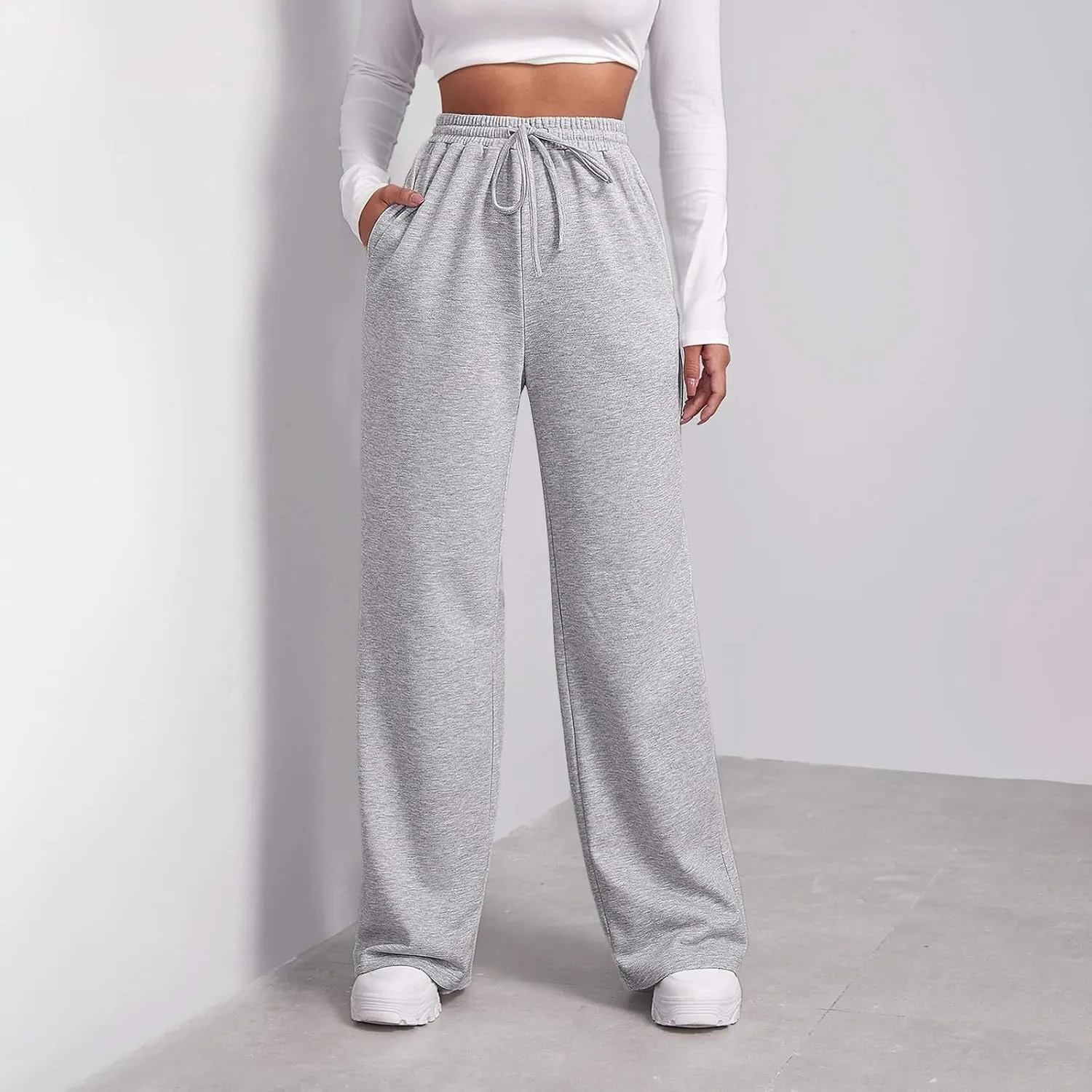 Wide Leg Sweatpants Women Loose Fit High Waisted Baggy Fleece Lined Sweatpants Lightweight Flare Pants with Pockets