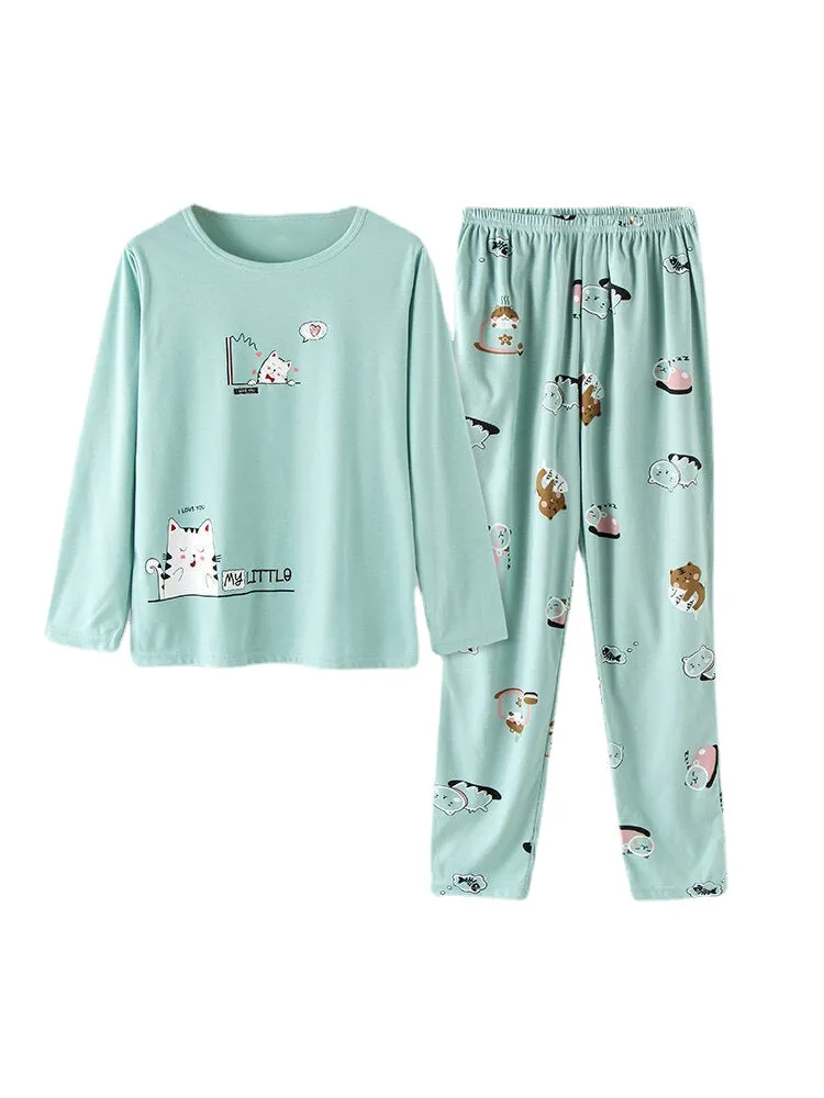 Women Cute Cartoon Animal Print Long Sleeve Pocket Elastic Waist Home Pajama Set