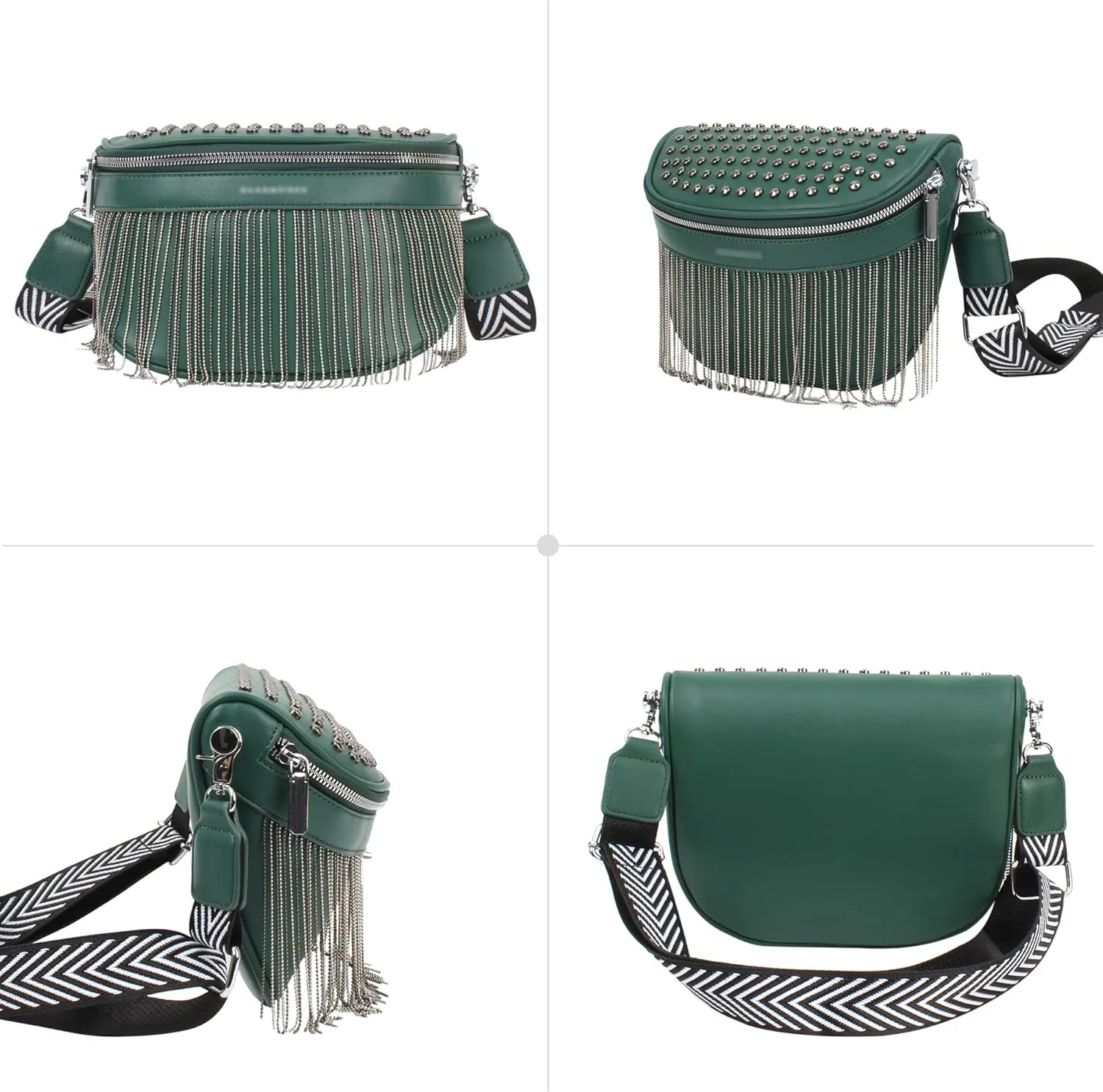 Women Girls Rivet Metal Tassel Faux Leather Fanny Pack Waist Bag Chest Bag Crossbody Shoulder Bag