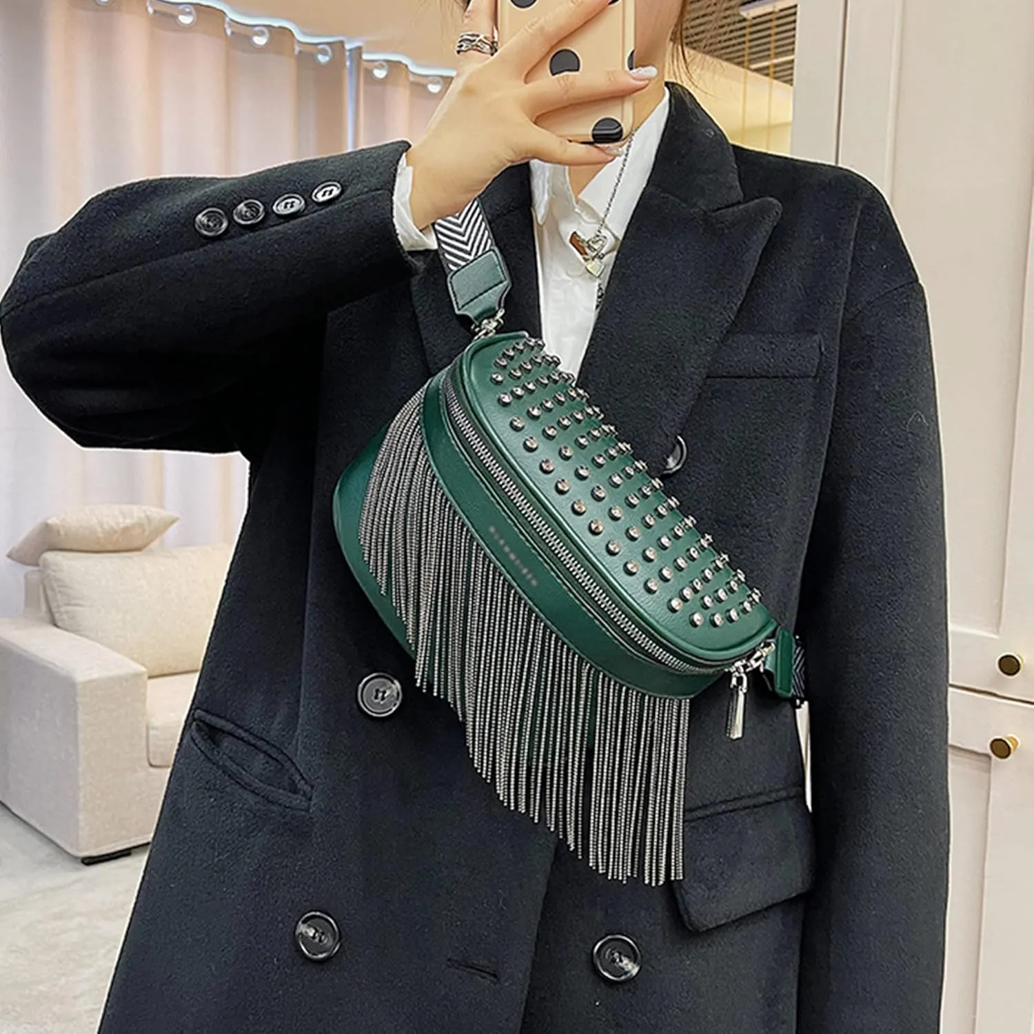 Women Girls Rivet Metal Tassel Faux Leather Fanny Pack Waist Bag Chest Bag Crossbody Shoulder Bag