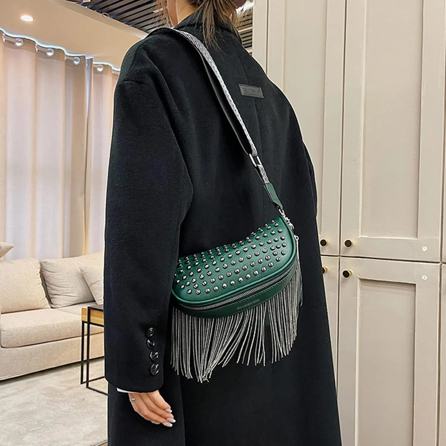 Women Girls Rivet Metal Tassel Faux Leather Fanny Pack Waist Bag Chest Bag Crossbody Shoulder Bag