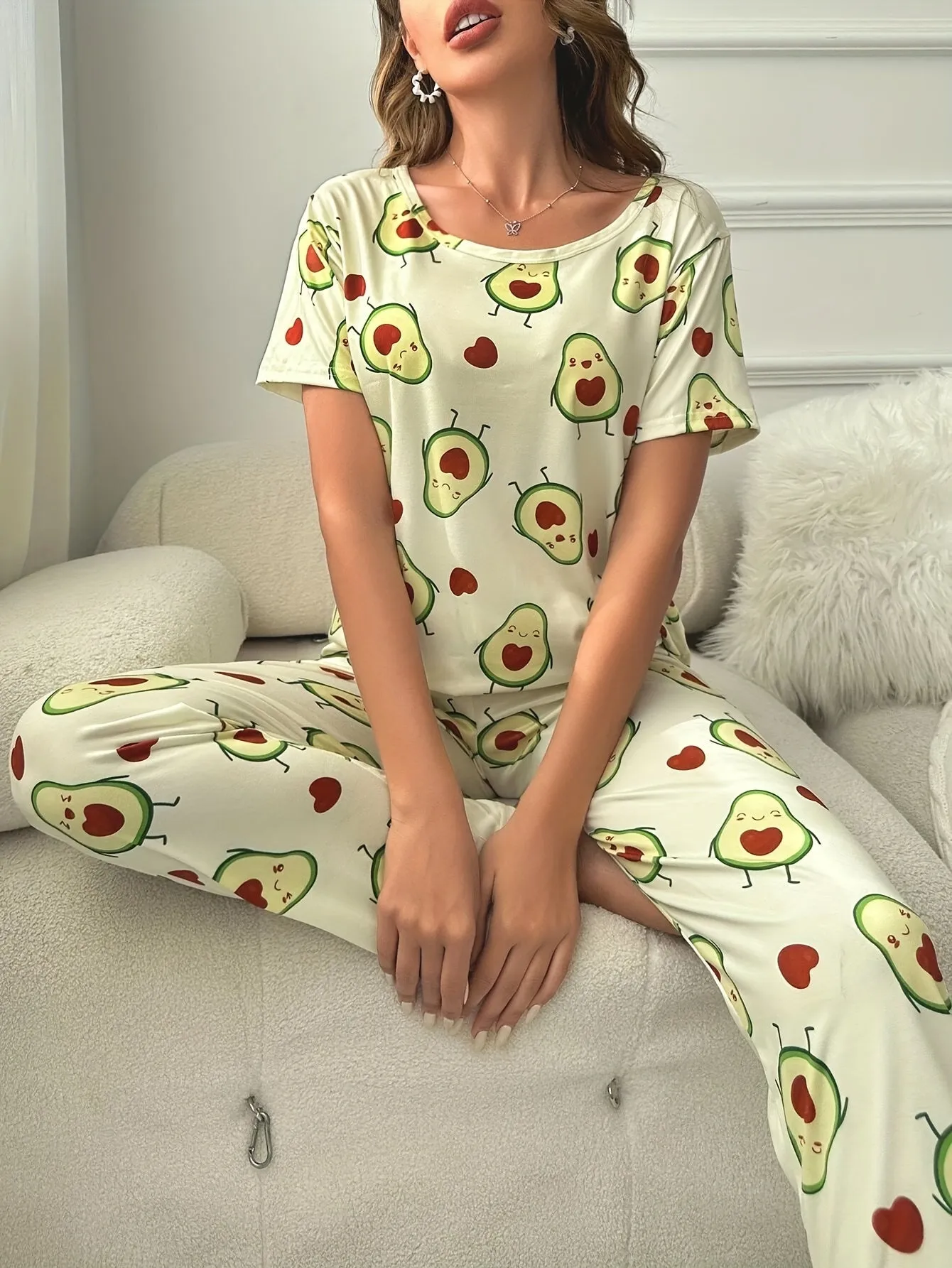 Womens Adorable Avocado Cartoon Print Pajama Set - Soft Mid-Elasticity Polyester Fabric, Crew Neck, Short Sleeve, Relaxed Fit, Comfortable, Random Printing, Machine Washable - Perfect for All Seasons