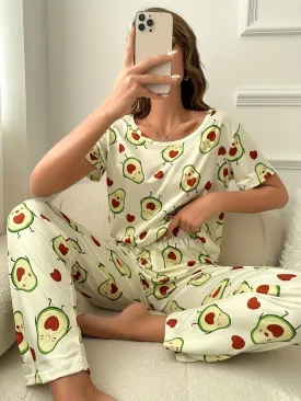Womens Adorable Avocado Cartoon Print Pajama Set - Soft Mid-Elasticity Polyester Fabric, Crew Neck, Short Sleeve, Relaxed Fit, Comfortable, Random Printing, Machine Washable - Perfect for All Seasons