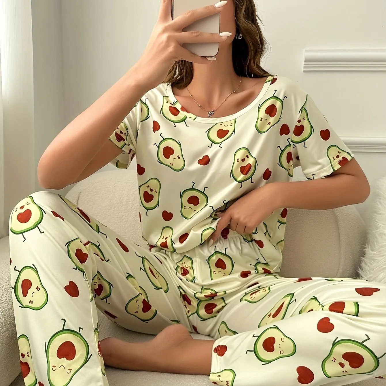 Womens Adorable Avocado Cartoon Print Pajama Set - Soft Mid-Elasticity Polyester Fabric, Crew Neck, Short Sleeve, Relaxed Fit, Comfortable, Random Printing, Machine Washable - Perfect for All Seasons