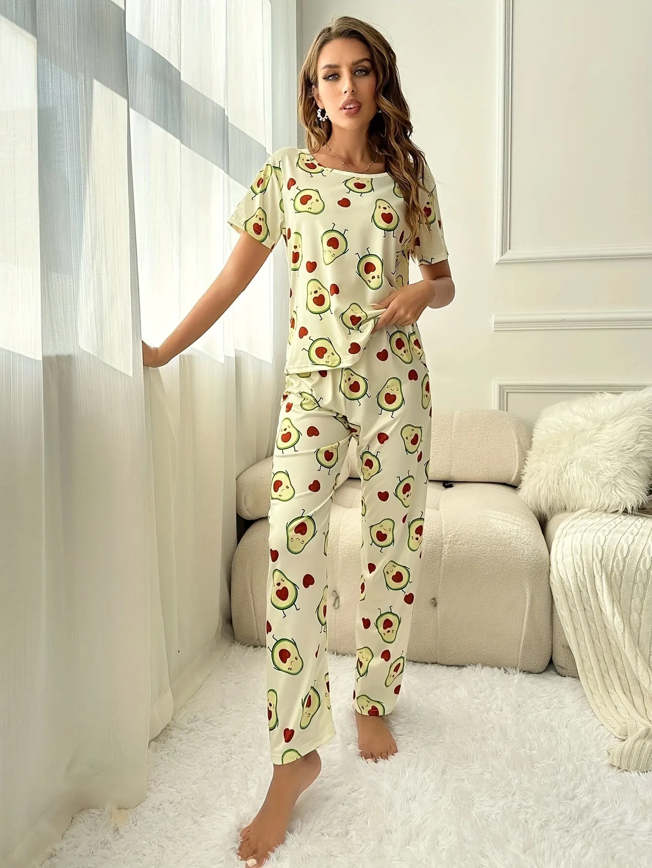 Womens Adorable Avocado Cartoon Print Pajama Set - Soft Mid-Elasticity Polyester Fabric, Crew Neck, Short Sleeve, Relaxed Fit, Comfortable, Random Printing, Machine Washable - Perfect for All Seasons
