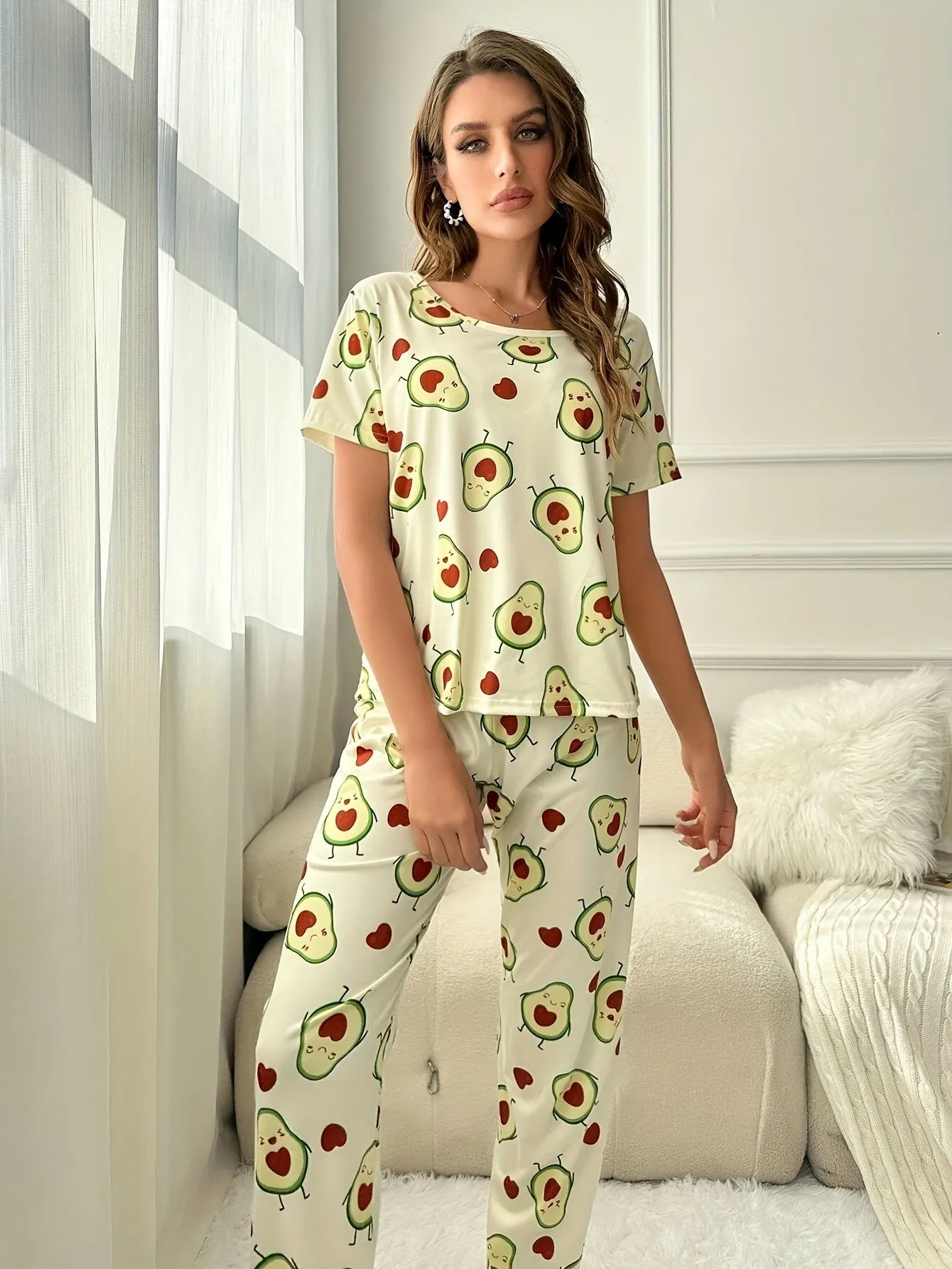 Womens Adorable Avocado Cartoon Print Pajama Set - Soft Mid-Elasticity Polyester Fabric, Crew Neck, Short Sleeve, Relaxed Fit, Comfortable, Random Printing, Machine Washable - Perfect for All Seasons