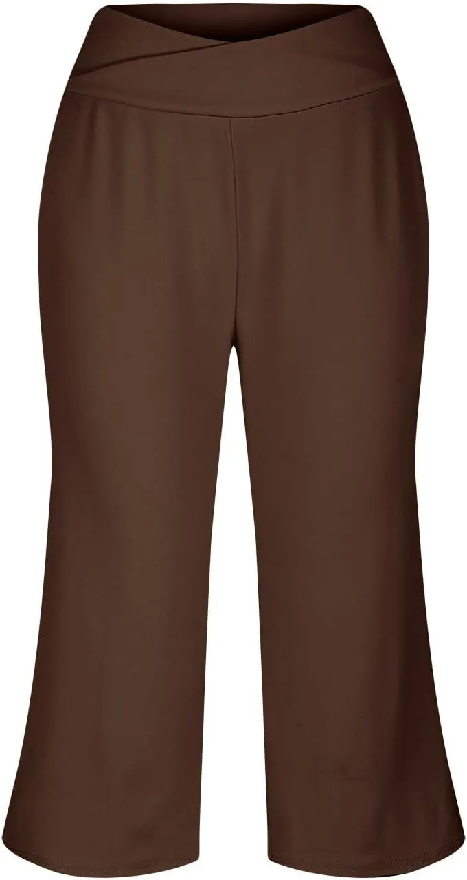 Womens Crossover High Waist Wide Leg Yoga Capris with Pockets Casual Capri Pants Loose Soft Pajama Pockets Sweatpants