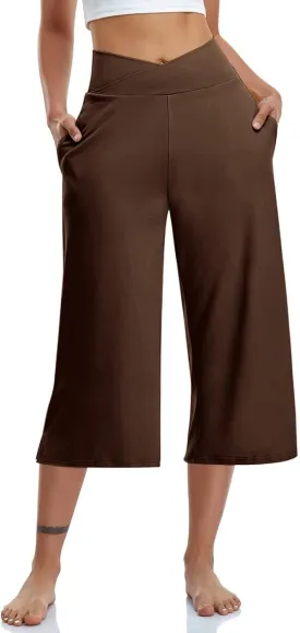 Womens Crossover High Waist Wide Leg Yoga Capris with Pockets Casual Capri Pants Loose Soft Pajama Pockets Sweatpants