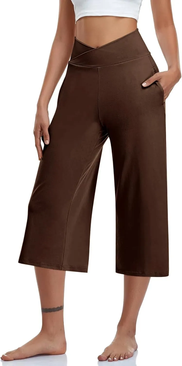 Womens Crossover High Waist Wide Leg Yoga Capris with Pockets Casual Capri Pants Loose Soft Pajama Pockets Sweatpants