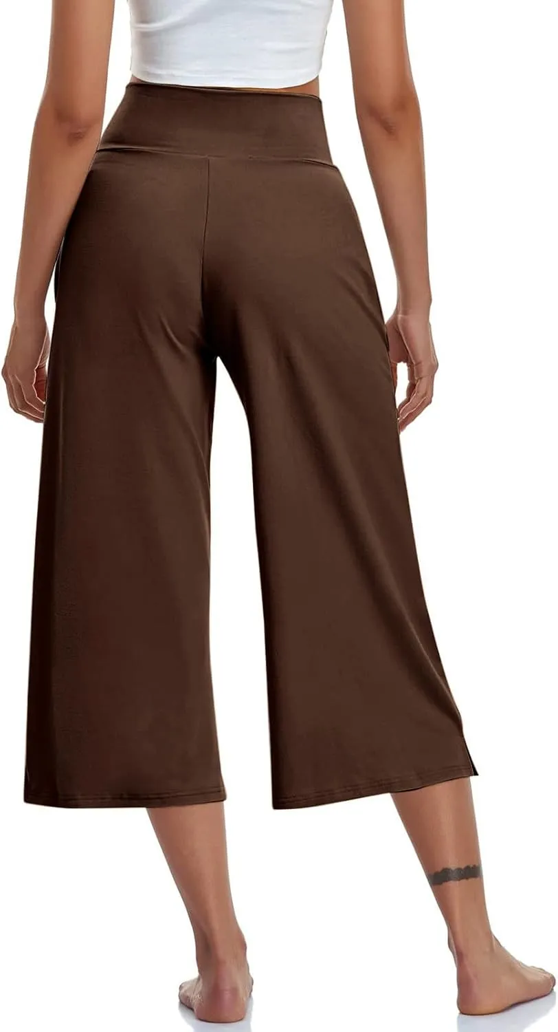 Womens Crossover High Waist Wide Leg Yoga Capris with Pockets Casual Capri Pants Loose Soft Pajama Pockets Sweatpants