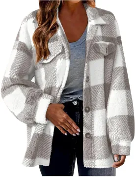 Womens Fleece Plaid Shackets Lapel Button Down Jackets Casual Long Sleeve Flannel Shirts Trendy Clothes Fall Winter