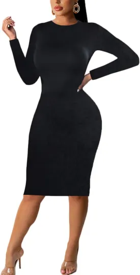 Women's Long Sleeve Bodycon Dress - Knee Length Midi Spring Fall Club Party Fitted Tight Pencil Dresses