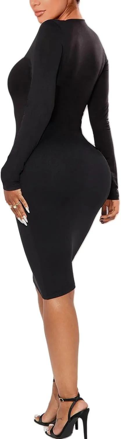 Women's Long Sleeve Bodycon Dress - Knee Length Midi Spring Fall Club Party Fitted Tight Pencil Dresses