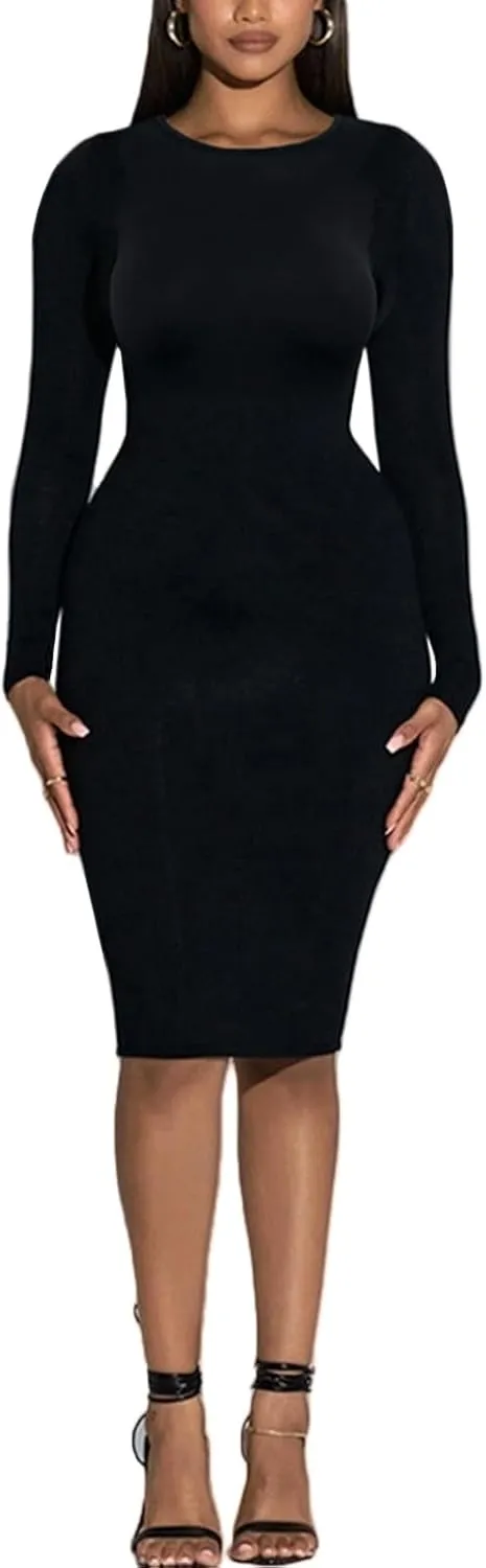 Women's Long Sleeve Bodycon Dress - Knee Length Midi Spring Fall Club Party Fitted Tight Pencil Dresses