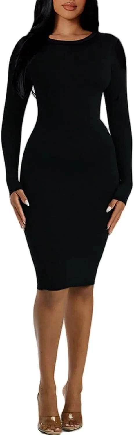 Women's Long Sleeve Bodycon Dress - Knee Length Midi Spring Fall Club Party Fitted Tight Pencil Dresses