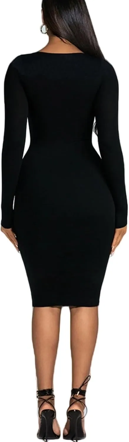 Women's Long Sleeve Bodycon Dress - Knee Length Midi Spring Fall Club Party Fitted Tight Pencil Dresses
