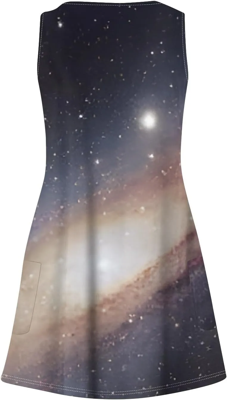 Womens Summer Dresses Casual Vacation Swimsuit Coverup Sleeveless Printed Sundress Beach V Neck Dress with Pocket