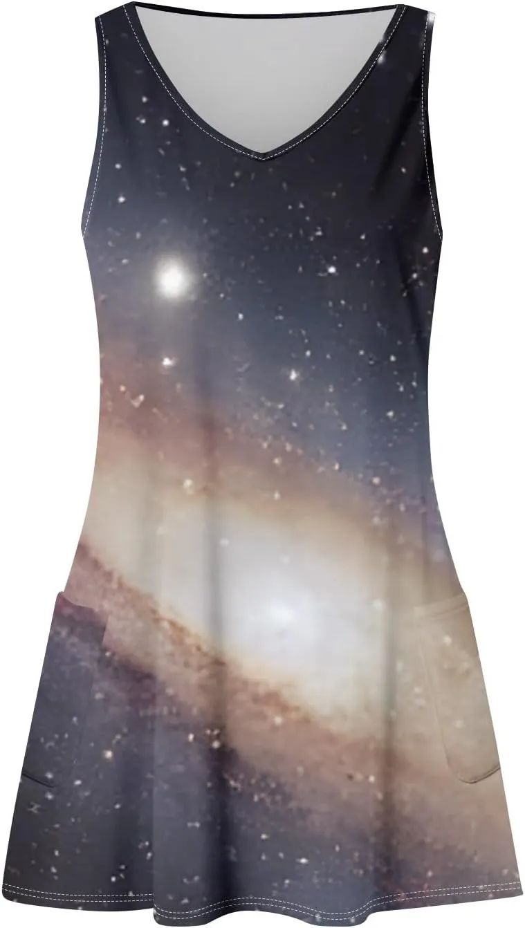 Womens Summer Dresses Casual Vacation Swimsuit Coverup Sleeveless Printed Sundress Beach V Neck Dress with Pocket