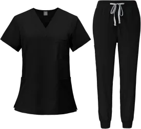Women's V-Neck Stretch Fit Scrub Top & Jogger Scrubs Pants Multi Pocket Medical Nurse Uniforms Set