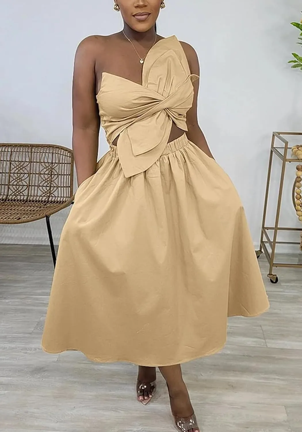 Women's Vacation Dress Sexy Cut Out Backless Floral Knot Sleeveless Pocket A Line Maxi Dress