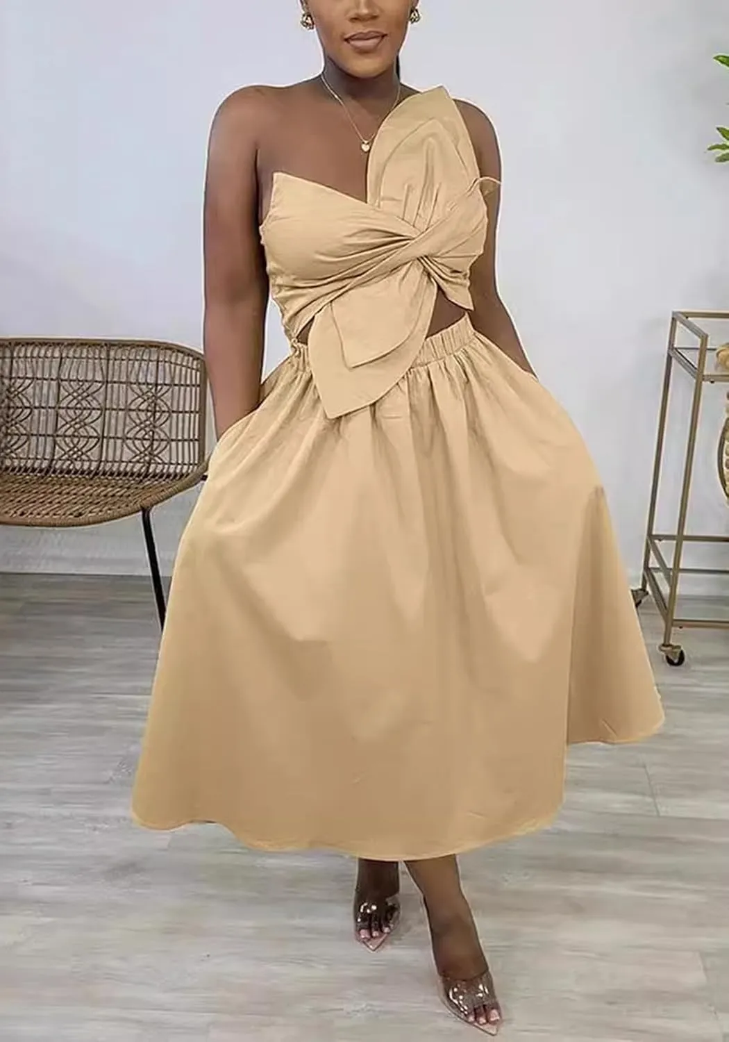 Women's Vacation Dress Sexy Cut Out Backless Floral Knot Sleeveless Pocket A Line Maxi Dress