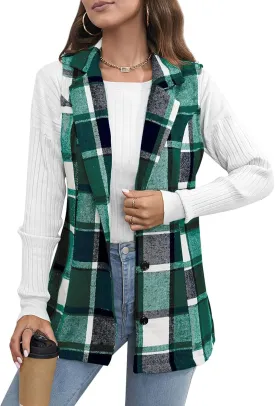 Wowcarbazole Womens Plaid Vest Sleeveless Lapel Neck Button Down Outerwear Vest Top Fall Casual Flannel Blazer Jackets Wowcarbazole Womens Plaid Vest Sleeveless Lapel Neck Button Down Outerwear Vest Top Fall Casual Flannel Blazer Jackets