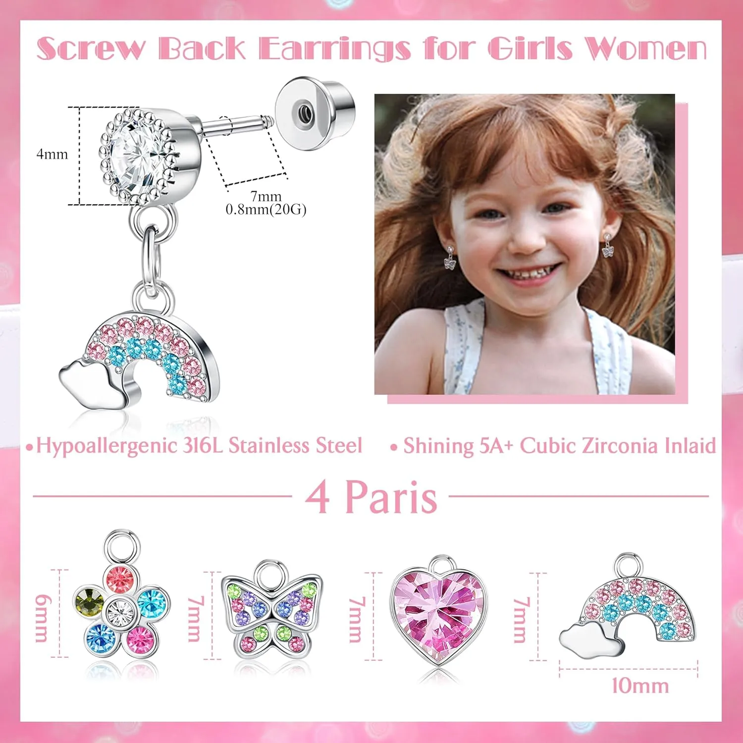 YADOCA 4 Pairs Screw Back Earrings For Girls Women Hypoallergenic 316L Stainless Steel Cute Pink CZ Heart Screwback Dangle Earrings Multicolored Cubic Zirconia Flower Butterfly Rainbow Earrings Dangling Set
