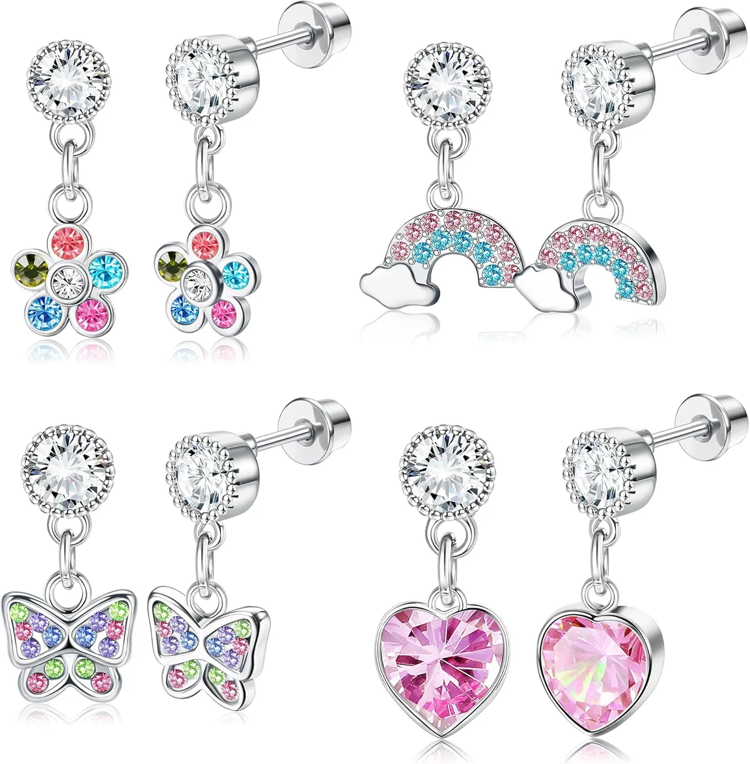 YADOCA 4 Pairs Screw Back Earrings For Girls Women Hypoallergenic 316L Stainless Steel Cute Pink CZ Heart Screwback Dangle Earrings Multicolored Cubic Zirconia Flower Butterfly Rainbow Earrings Dangling Set